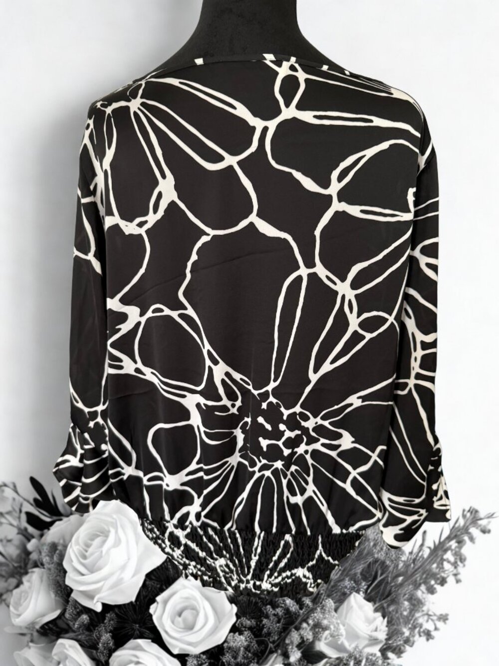 Michael Kors Black and White Gathered Sleeve Blouse - Picture 3 of 3